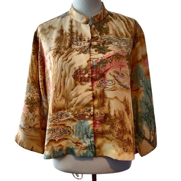 Natori Womens Tan Asian Printed Mandarin Collar Kimono Sleeves Boxy Short Top M - Picture 1 of 12